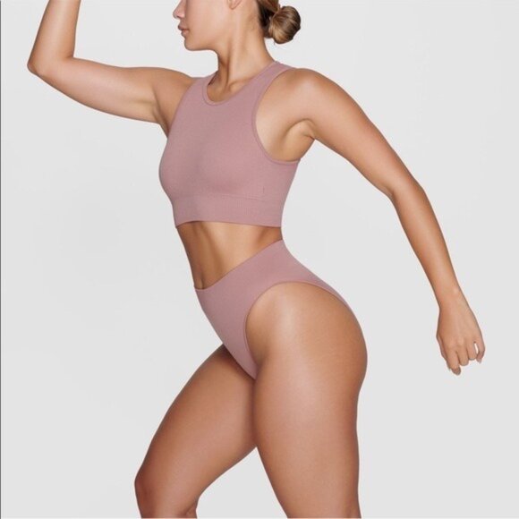 SKIMS Stretch Rib High Neck Bralette + Thong Set NEW Rose Clay XXS/XS - Picture 11 of 11